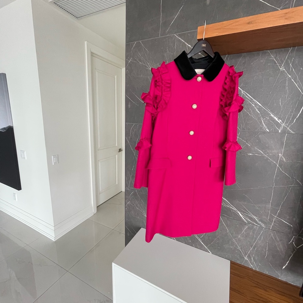 Gucci Fuchsia Ruffle Coat with Pearl Buttons